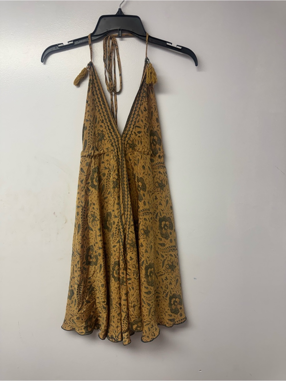 Karma Highway Boho Halter Mini Dress One Size Brown Floral Tassel Tie India B9 - Picture 3 of 9